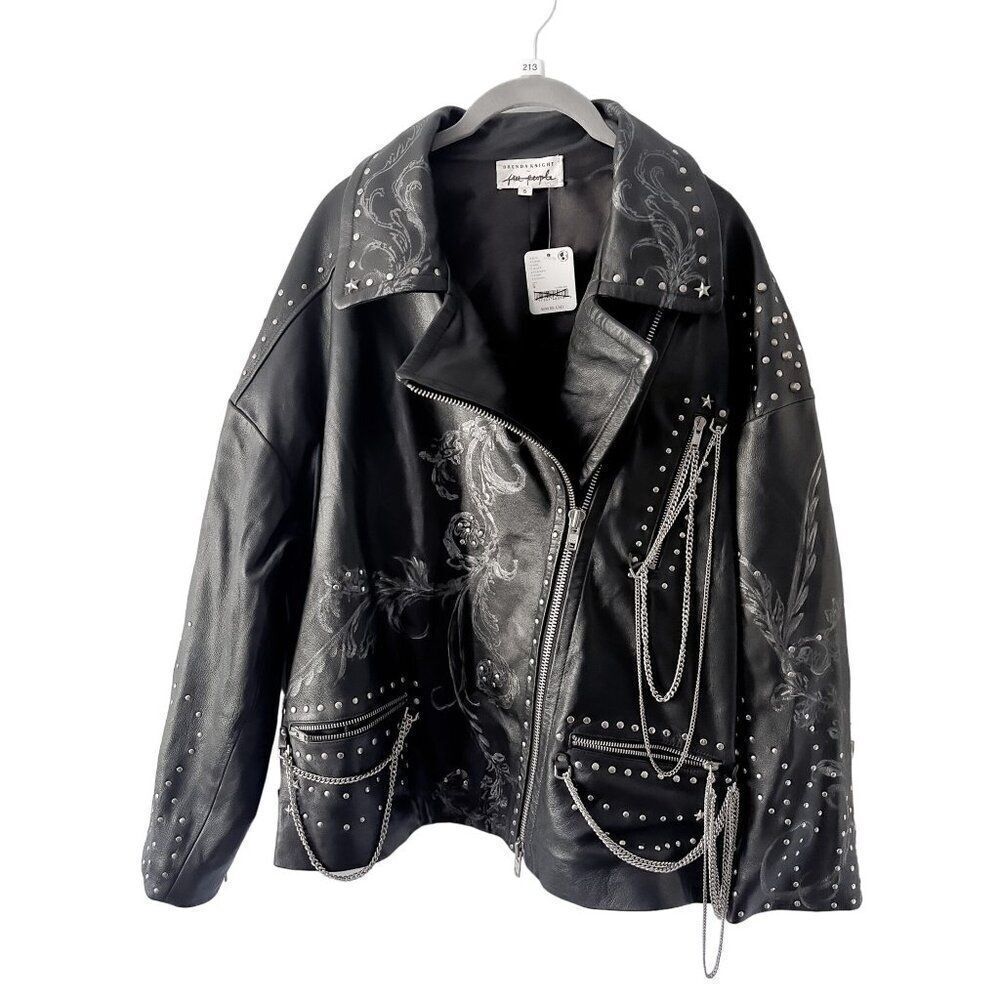 Free People Nigel Preston Chain Embellished Biker Jacket Leather - Picture 4 of 14